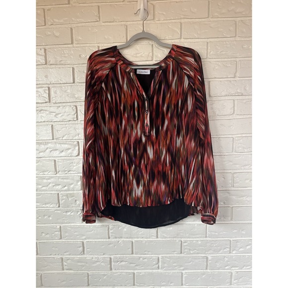 Abstract Tops - Calvin Klein Women's Multicolor‎ Ikat Print Sheer Chiffon Hi-Low Blouse Medium